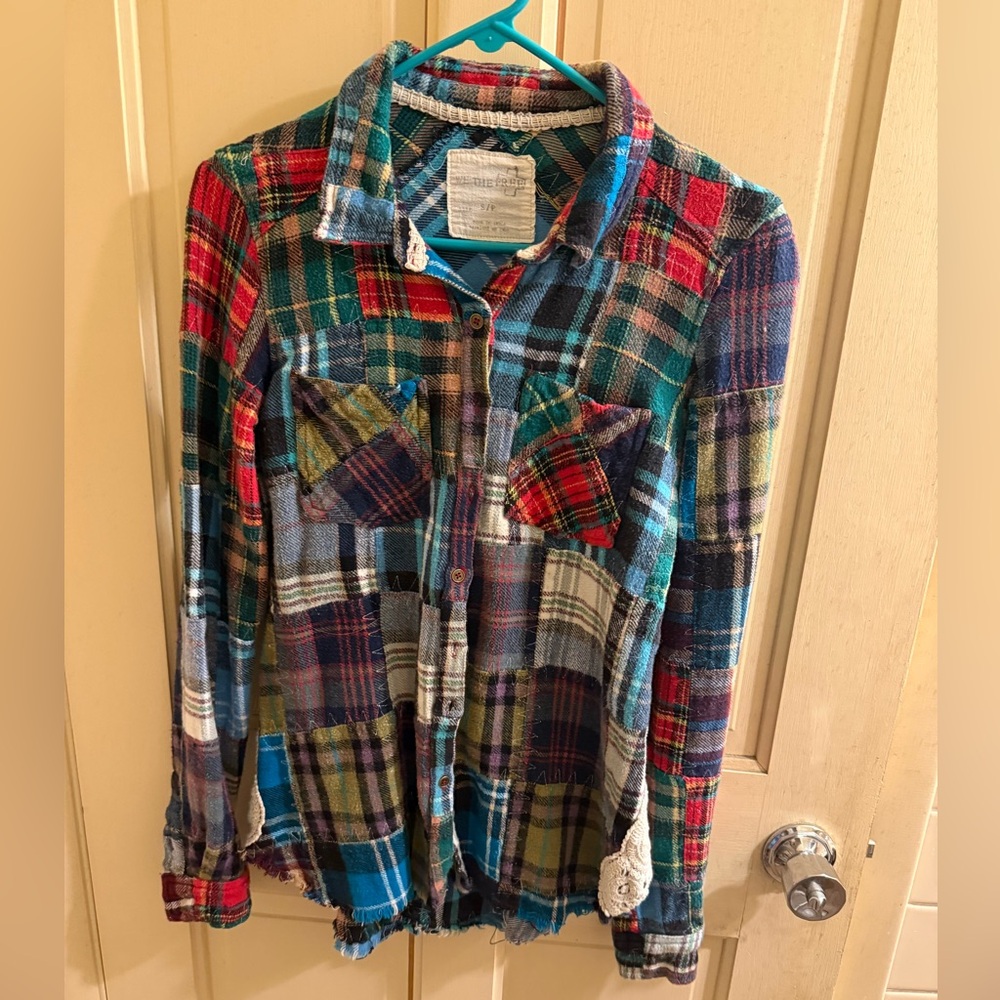 RARE Free People Patchwork LOST IN PLAID Flannel Crochet Lace Shirt Small